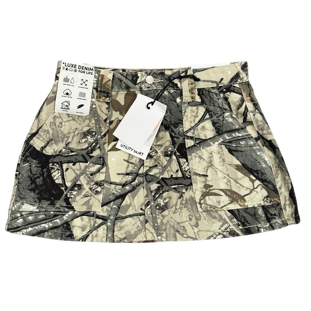 NWT Refrain Sz 5 27 Denim Camo Print Utility Deep Pocket Mini Skirt Indie Sleaze